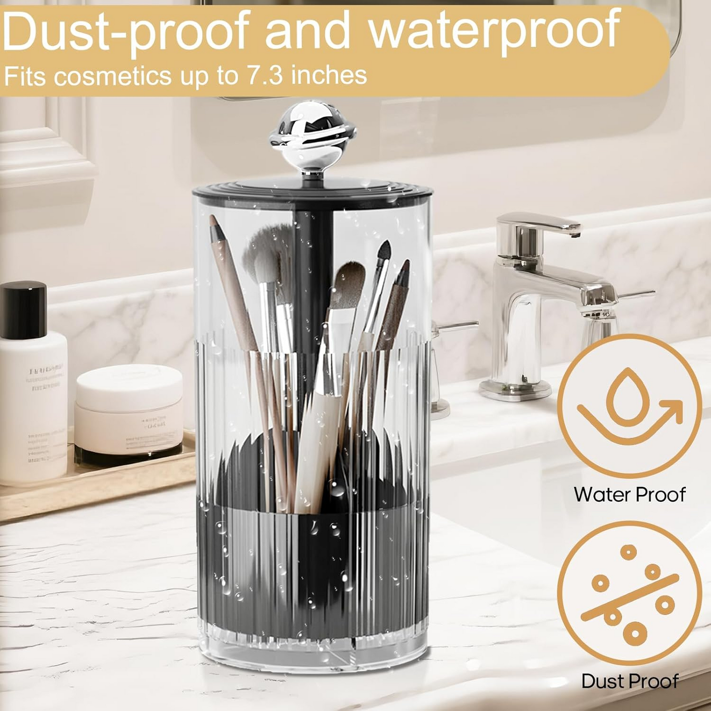 Upgraded Press-Pop Makeup Brush Holder  One-Touch Open Dustproof Organizer With Clear Lid For Vanity Desktop Bathroom 2 Colors
